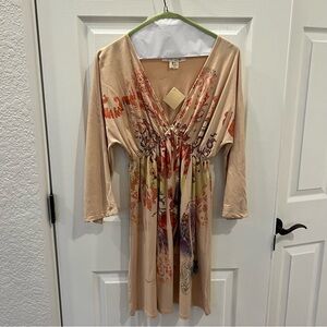 Boho Beige and Multicolor Long Sleeve Dress